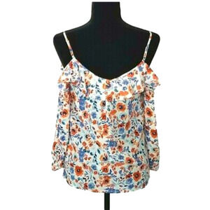 Joie Medium white silk cold shoulder ruffle blouse W/ red & blue florals